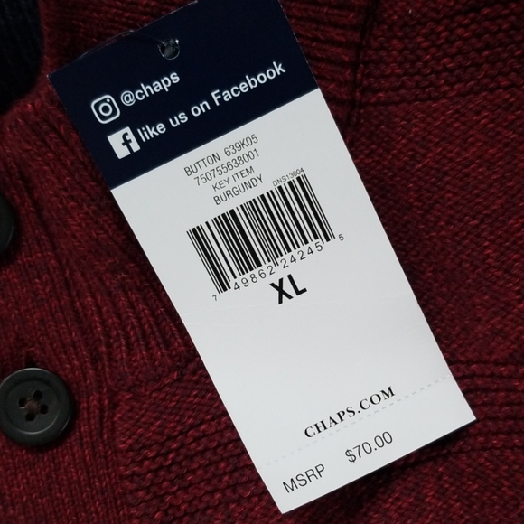 CHAPS BurgundyMoc Turtle Sweater Button up XL - Picture 4 of 5